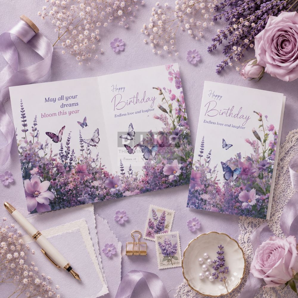 Lavender Bloom Birthday Greeting Card Set – Floral Butterfly Design with Premium Envelope