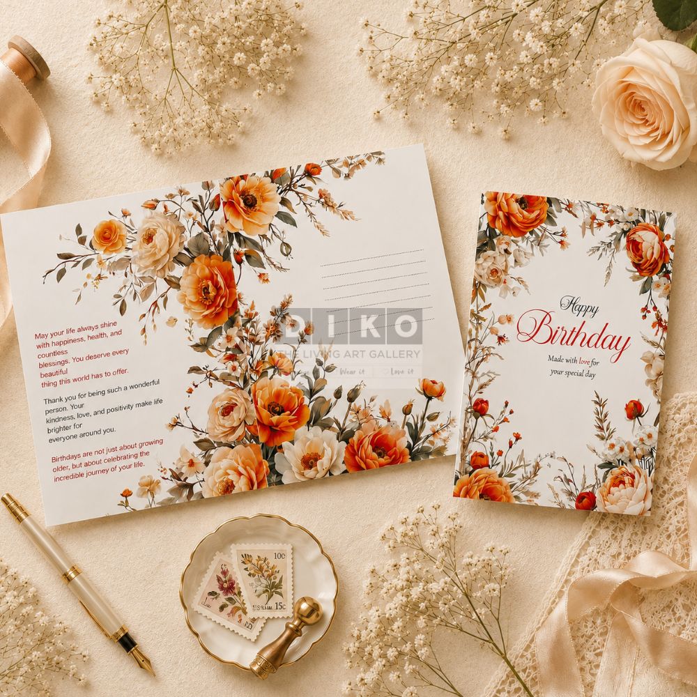 Elegant Floral Birthday Greeting Card – Orange Rose Vintage Style Card with Envelope
