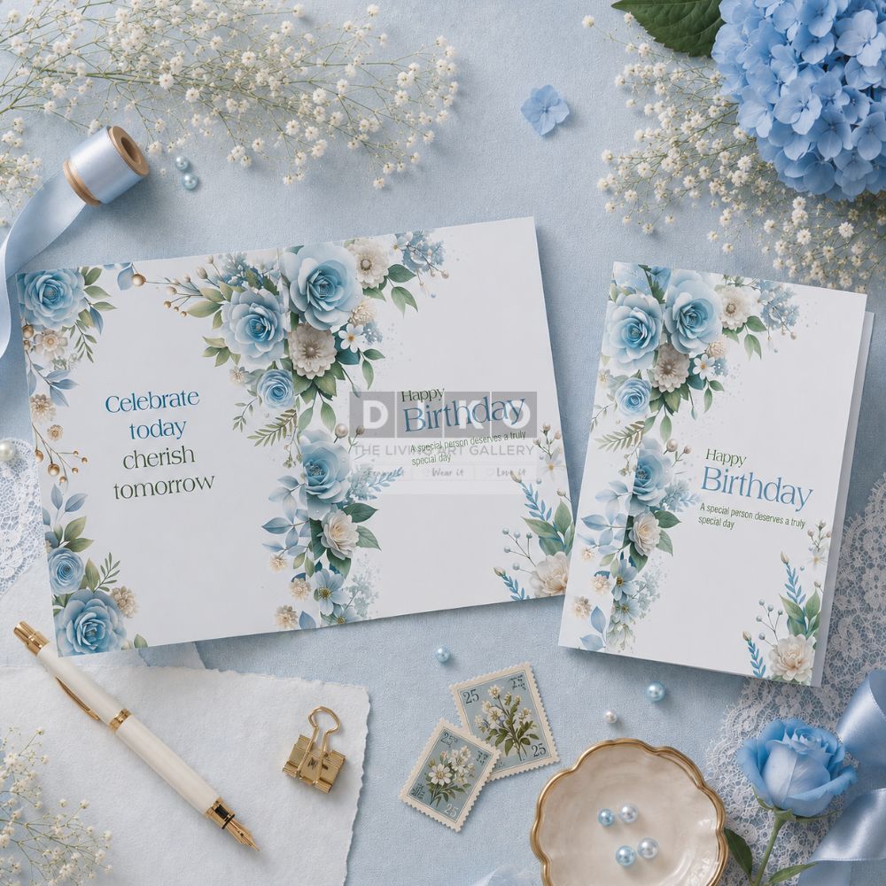 Elegant Blue Floral Birthday Greeting Card – Luxury Rose Botanical Card with Envelope