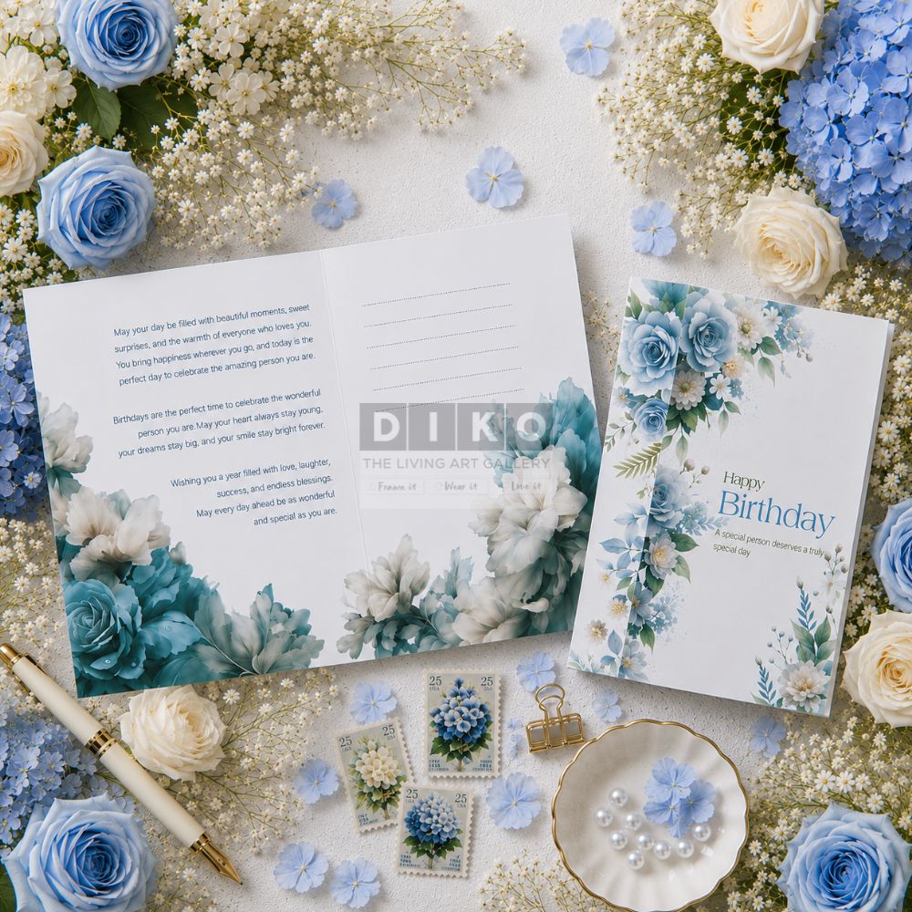 Elegant Blue Floral Birthday Greeting Card – Luxury Rose Botanical Card with Envelope