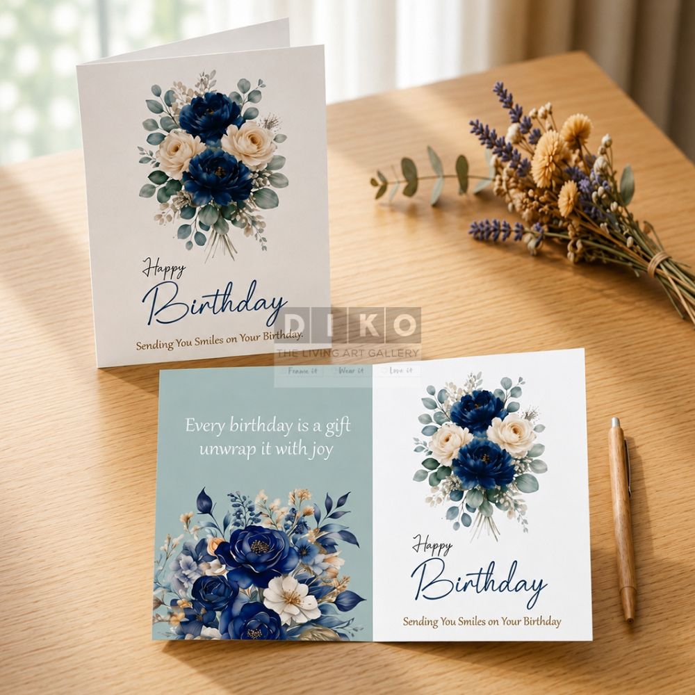 Elegant Floral Happy Birthday Greeting Card – Blue Blossom Birthday Wishes Card