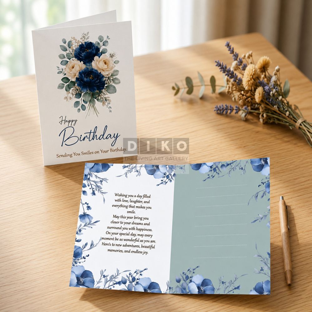 Elegant Floral Happy Birthday Greeting Card – Blue Blossom Birthday Wishes Card
