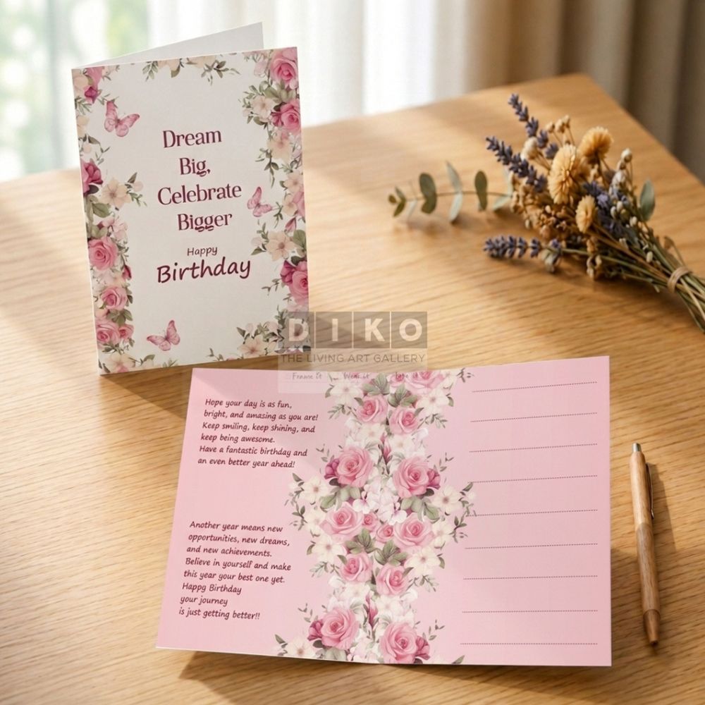 Floral Happy Birthday Greeting Card – Elegant Pink Roses & Butterfly Wishes Card