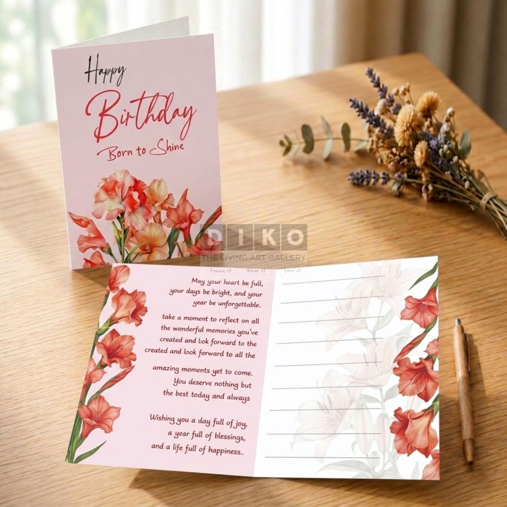 Elegant Floral Happy Birthday Greeting Card – “Born to Shine” Pink Blossom Wishes Card