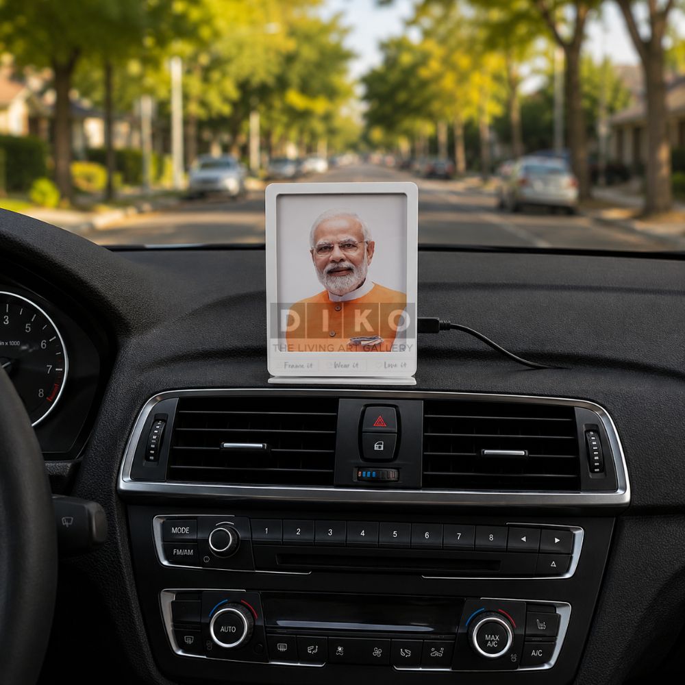 Personalized LED Car Dashboard Photo Frame Featuring Prime Minister Narendra Modi – Custom Acrylic Portrait Display with USB Light