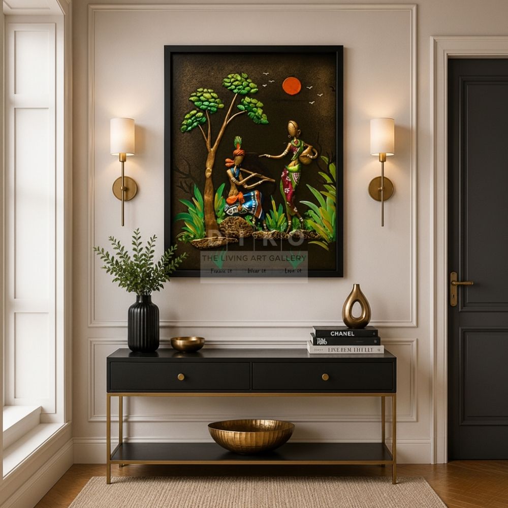 Tribal Harmony Under the Crimson Moon – Handmade Ethnic Clay Mural
