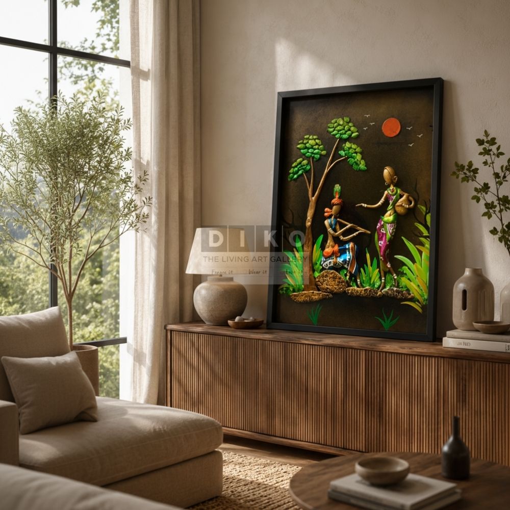 Tribal Harmony Under the Crimson Moon – Handmade Ethnic Clay Mural