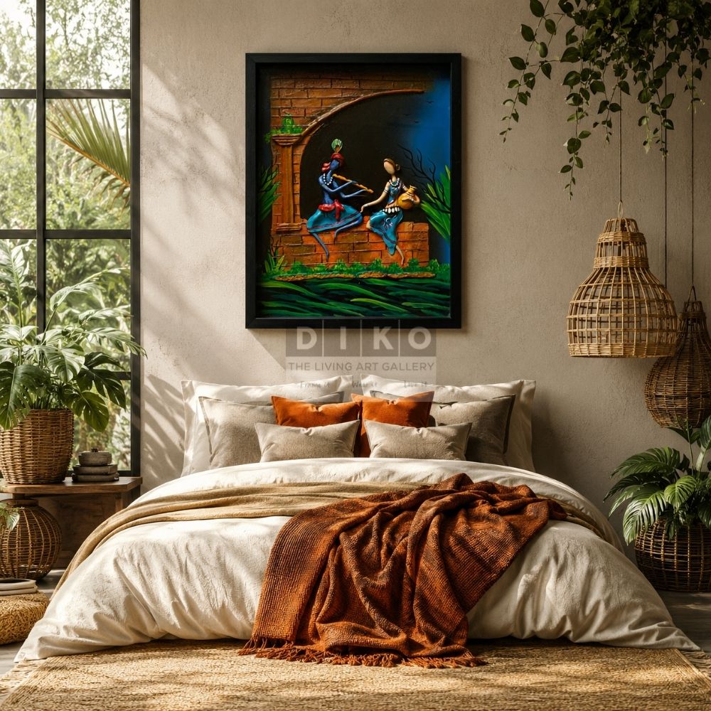 Moonlit Melody – Handmade Ethnic Clay Mural Radha Krishna (Black Frame With Glass)