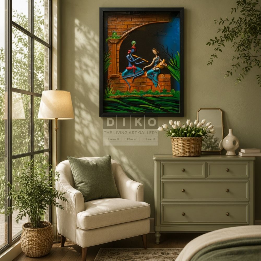 Moonlit Melody – Handmade Ethnic Clay Mural Radha Krishna (Black Frame With Glass)