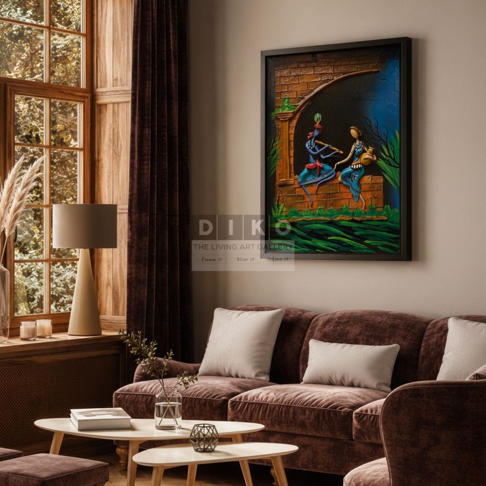 Moonlit Melody – Handmade Ethnic Clay Mural Radha Krishna (Black Frame With Glass)