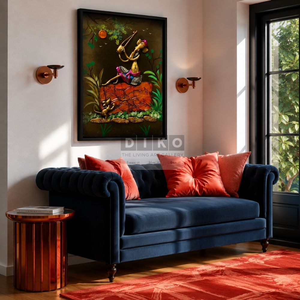 Handcrafted Musical Ganesha Clay Mural – Traditional Tribal Style Decorative Frame