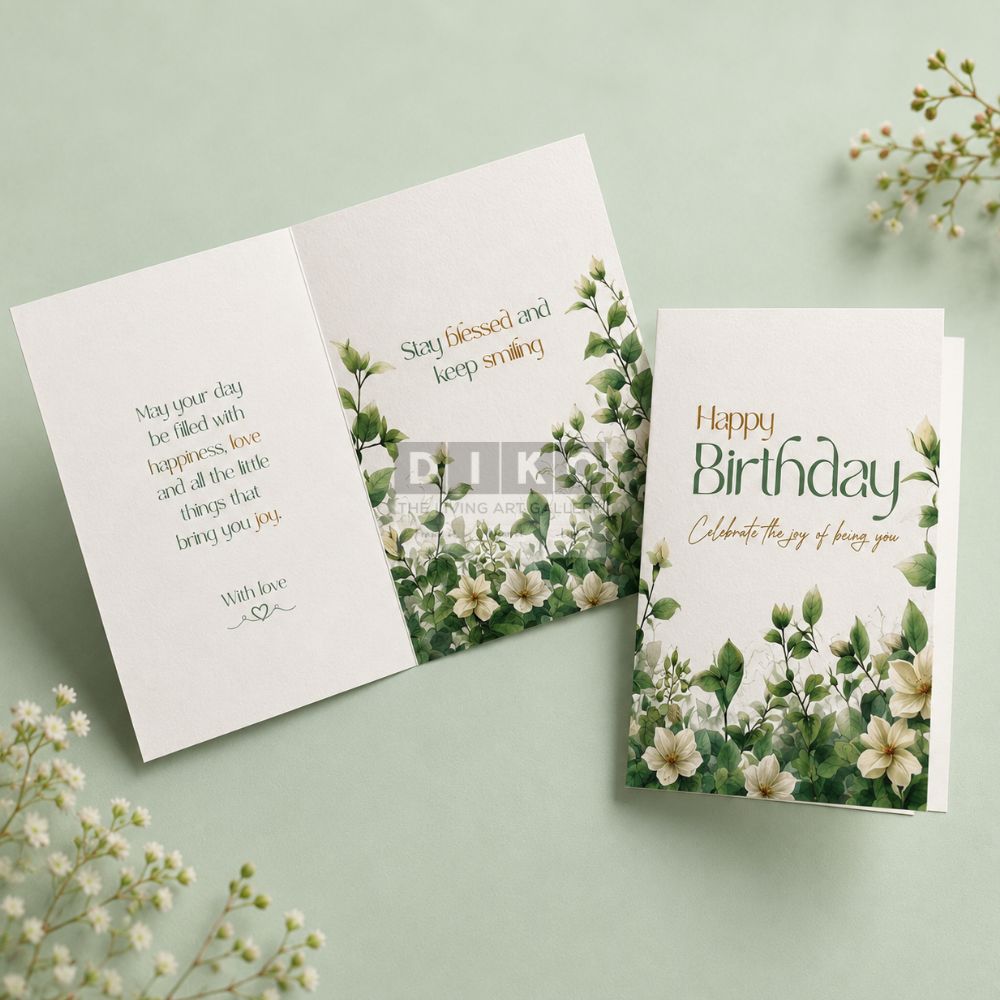 Elegant Green Botanical Birthday Greeting Card – Minimal Floral Leaf Design with Premium Finish