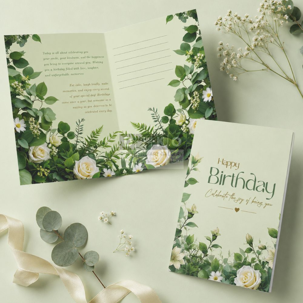 Elegant Green Botanical Birthday Greeting Card – Minimal Floral Leaf Design with Premium Finish