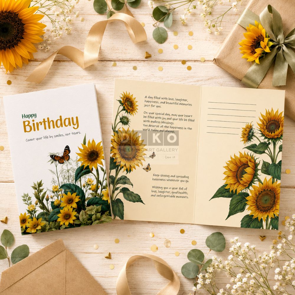 Sunflower Birthday Greeting Card – Rustic Floral Happy Birthday Card with Envelope