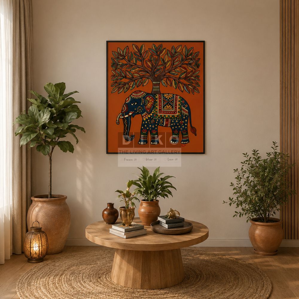 Handcrafted Elephant Tree Art Frame – Traditional Folk Wall Decor for Living Room & Office