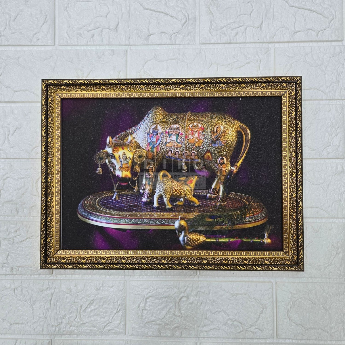 Sacred Kamadhenu Cow Art Frame with Gold Foil Detailing & Ornate Border