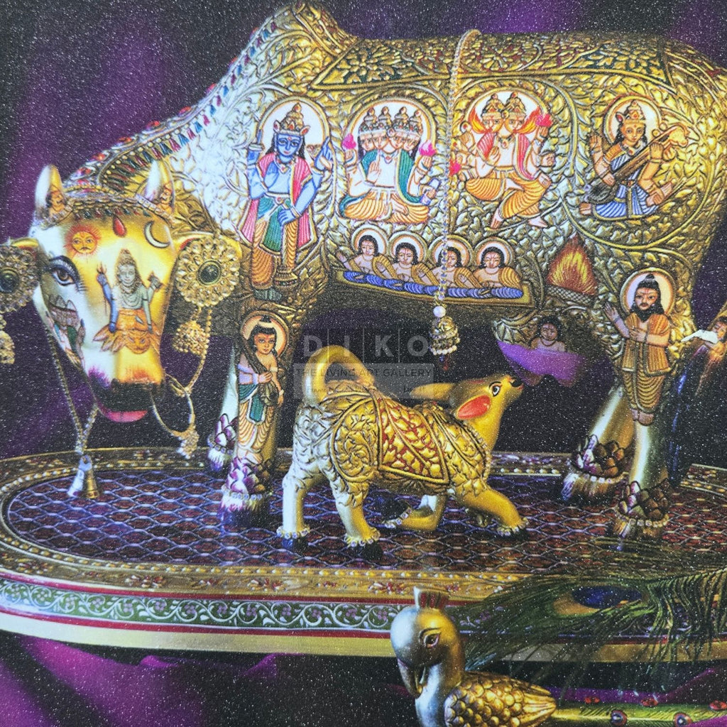 Sacred Kamadhenu Cow Art Frame with Gold Foil Detailing & Ornate Border