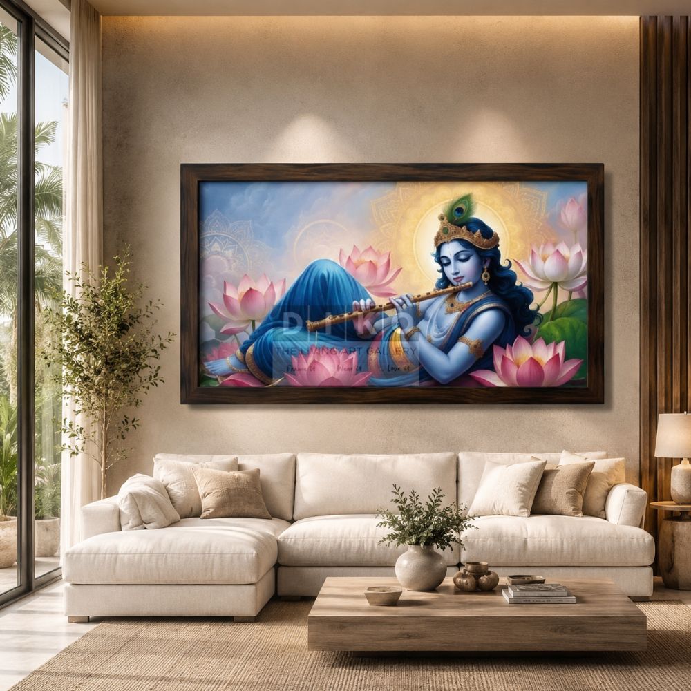 Divine Krishna Wall Art Frame – Spiritual Lotus Flute Painting for Elegant Living Room Decor