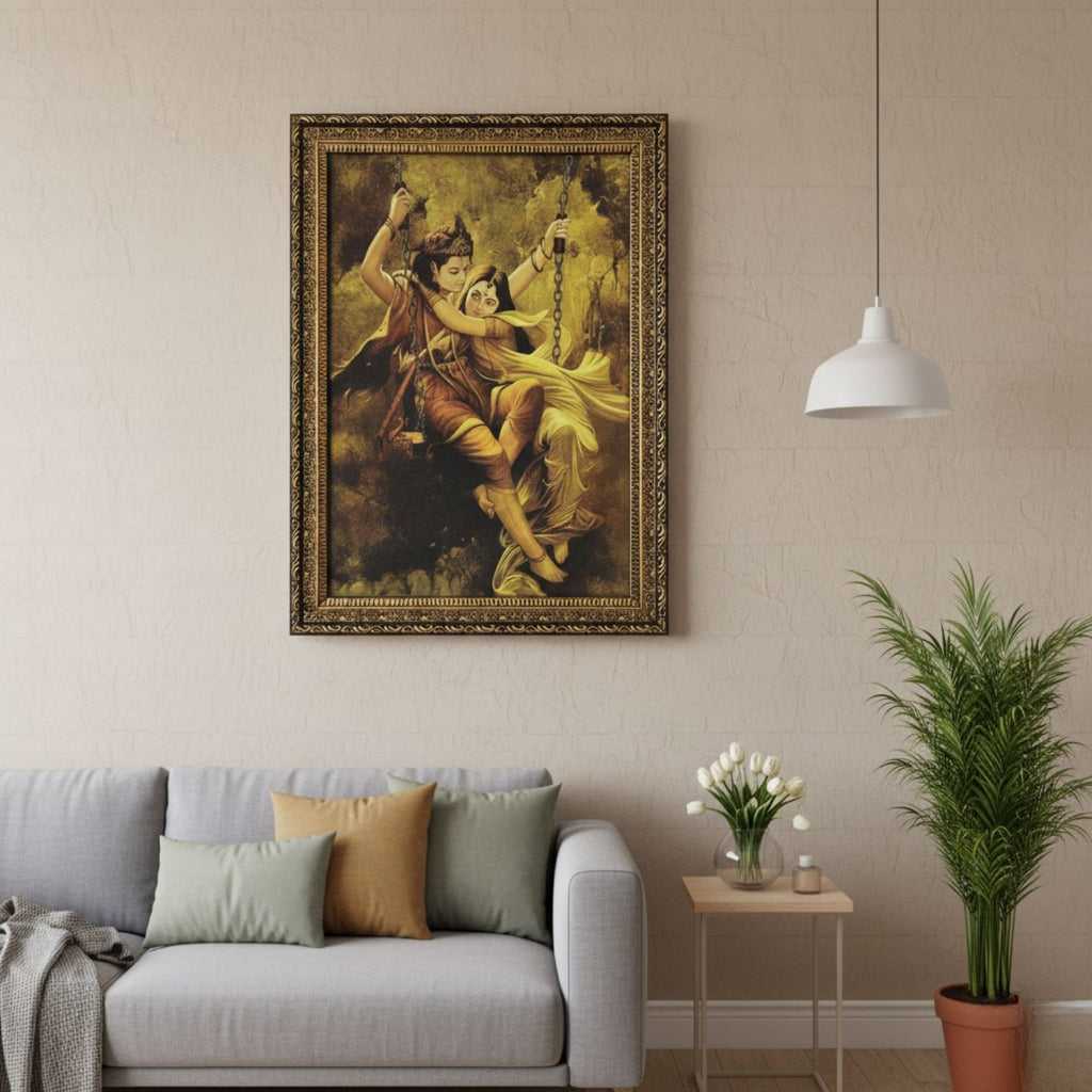 Golden Radha Krishna Swing – Vintage Divine Wall Art