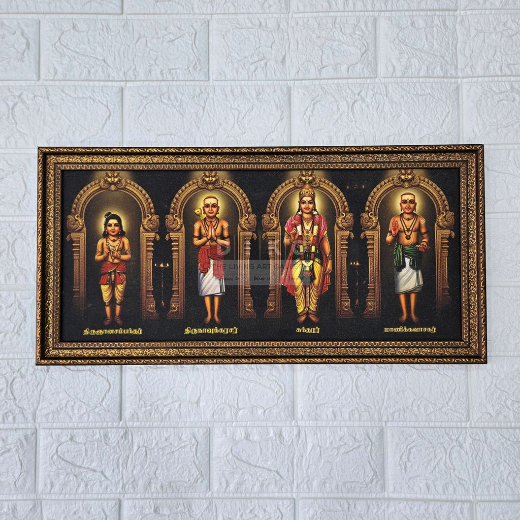 Sacred Tamil Saints Framed Wall Art – Thirugnanasambandar, Thirunavukkarasar, Sundarar & Manikkavasagar Premium Gold Frame