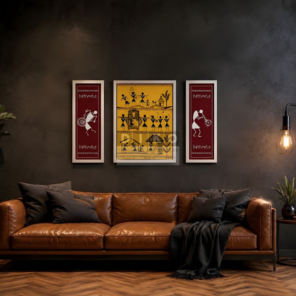 Warli Tribal Art 3-Piece Wall Frame Set – Traditional Indian Folk Artwork | Premium White Framed Wall Décor