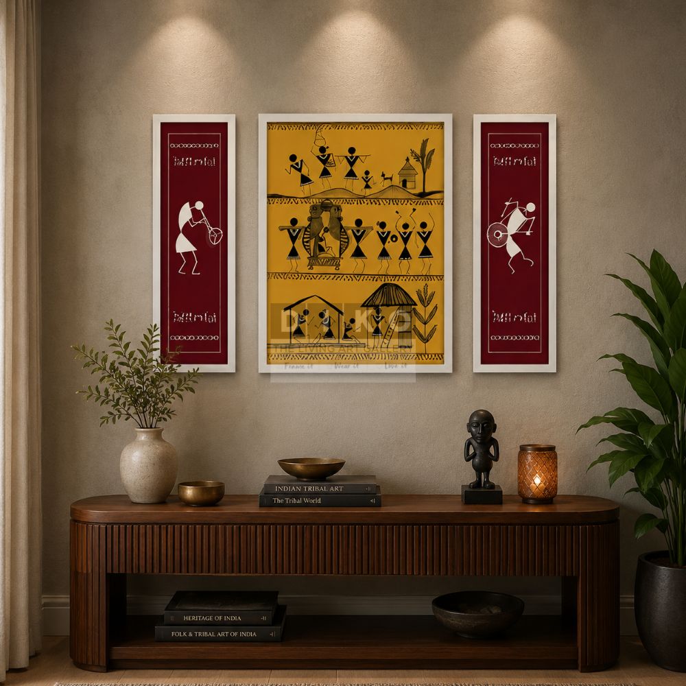 Warli Tribal Art 3-Piece Wall Frame Set – Traditional Indian Folk Artwork | Premium White Framed Wall Décor