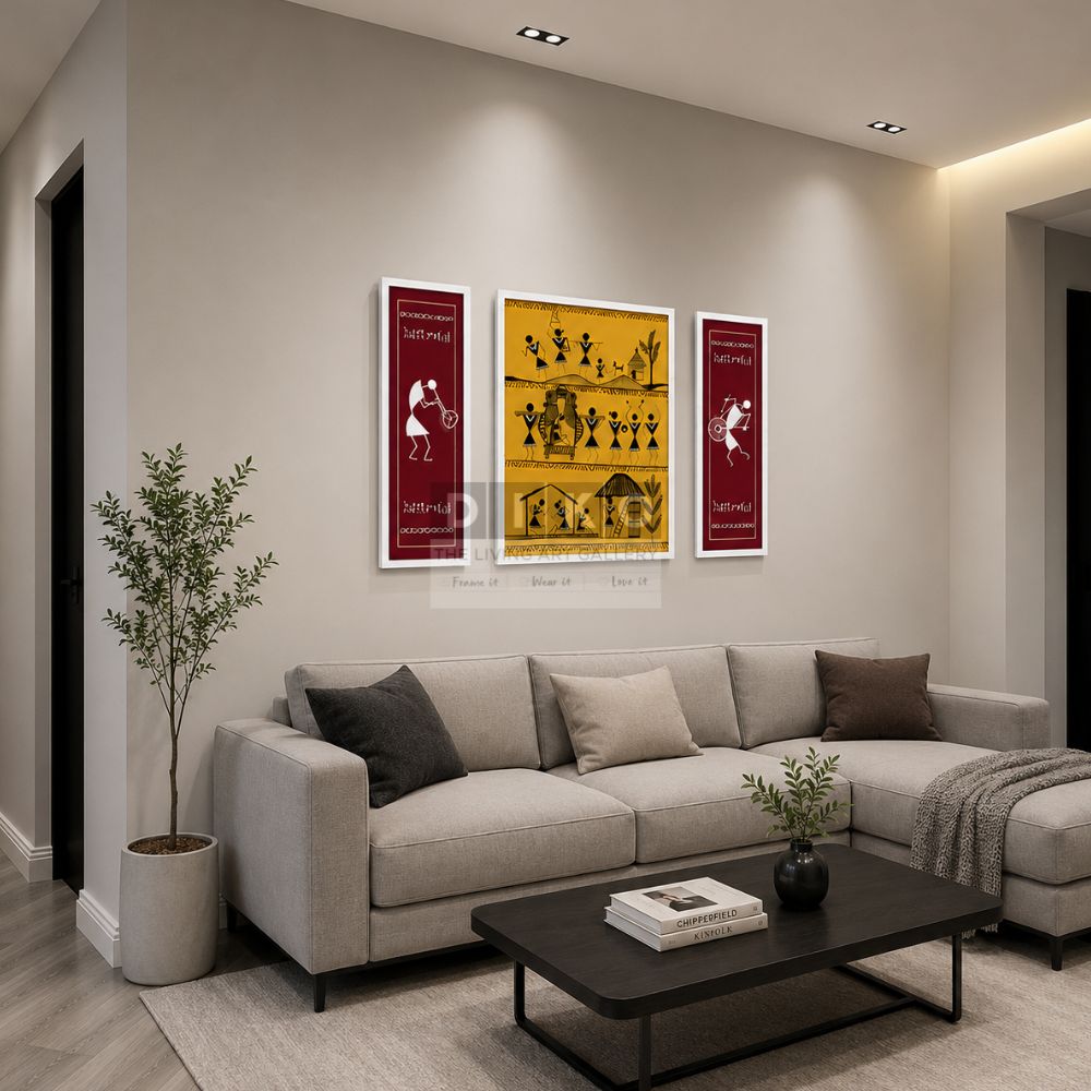 Warli Tribal Art 3-Piece Wall Frame Set – Traditional Indian Folk Artwork | Premium White Framed Wall Décor
