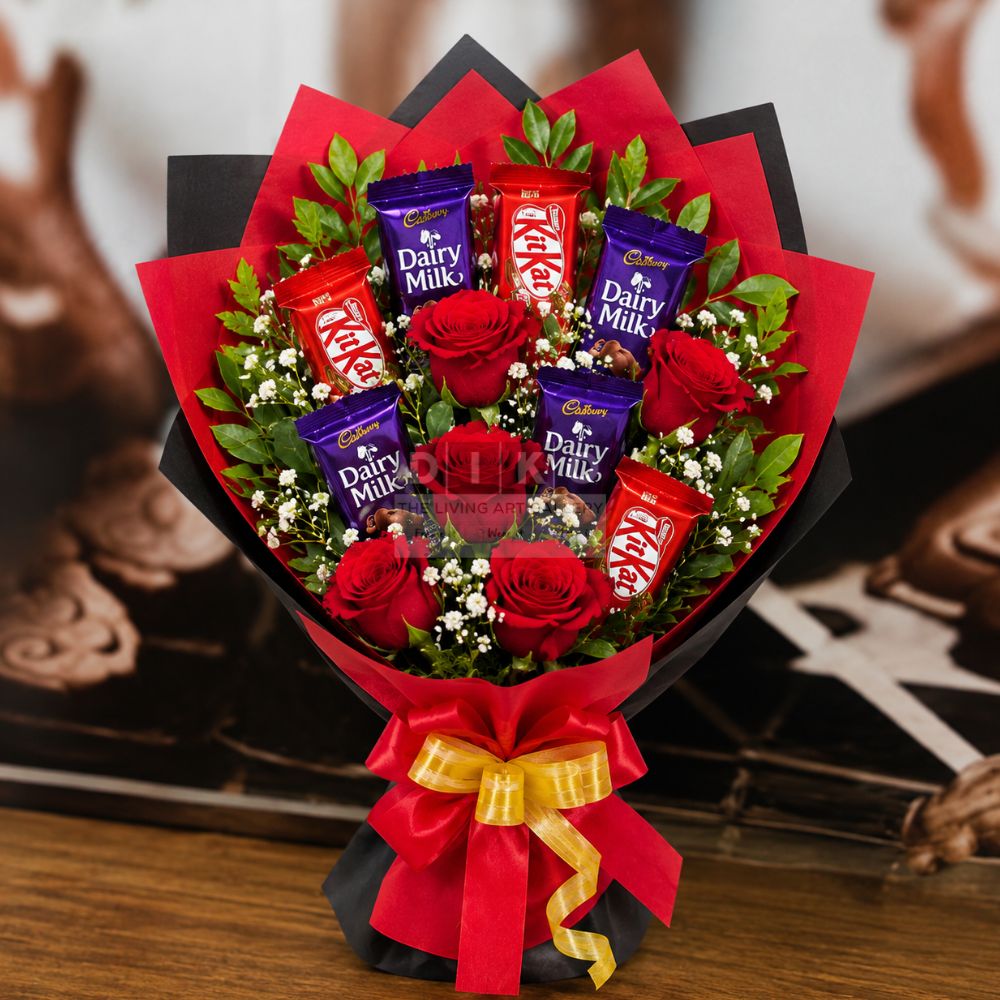 Luxury Chocolate Rose Bouquet – Red Roses with Dairy Milk & KitKat Gift Arrangement for Birthday, Anniversary & Valentine’s Day