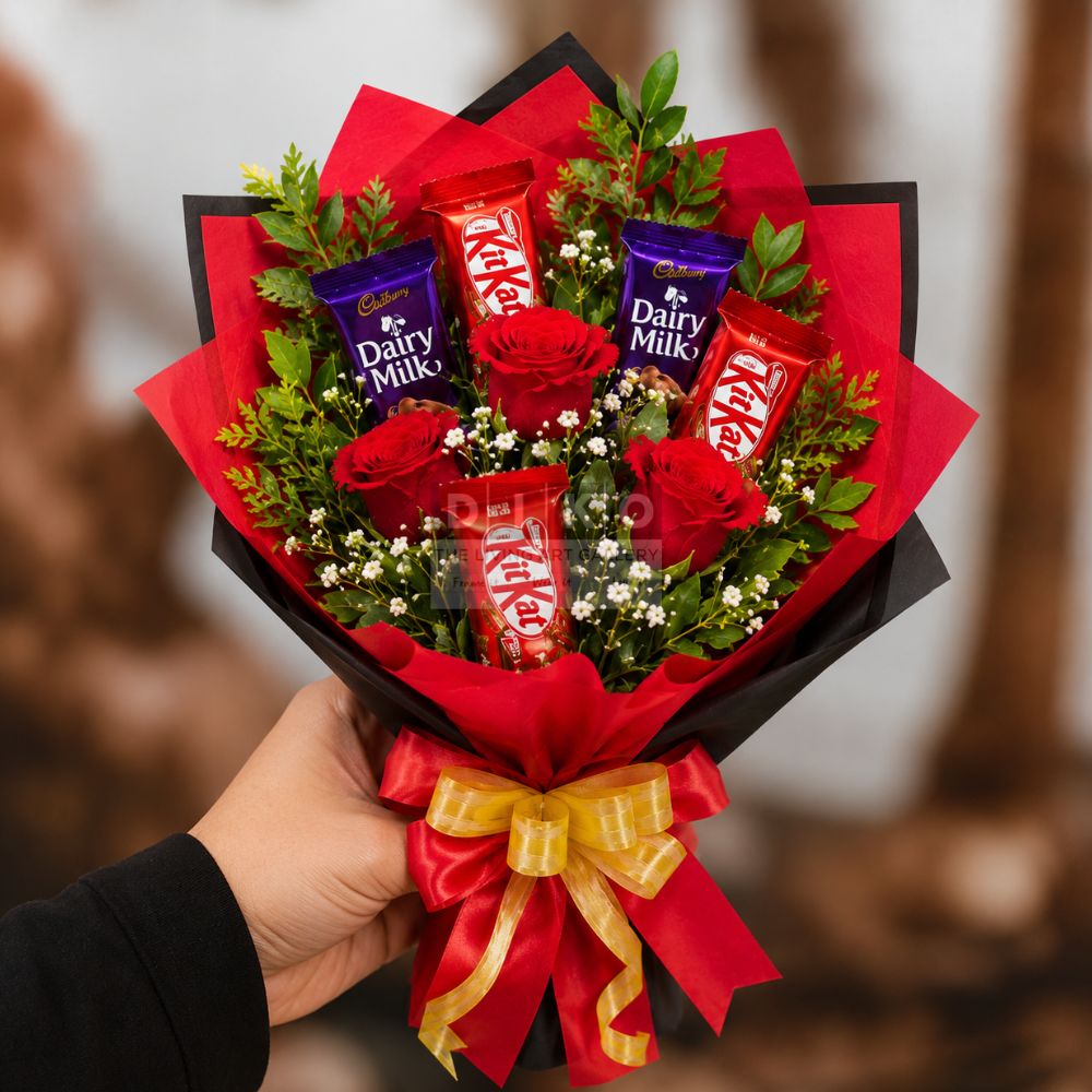Luxury Chocolate Rose Bouquet – Red Roses with Dairy Milk & KitKat Gift Arrangement for Birthday, Anniversary & Valentine’s Day