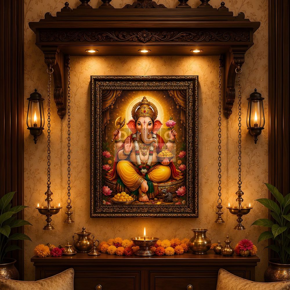 Lord Ganesha Framed Wall Art – Premium Spiritual Pooja Room & Home Temple Décor