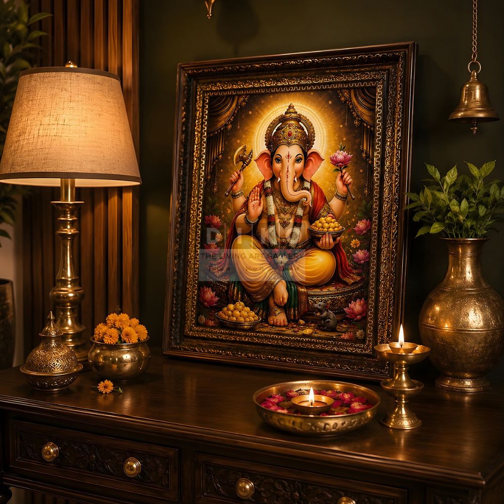 Lord Ganesha Framed Wall Art – Premium Spiritual Pooja Room & Home Temple Décor