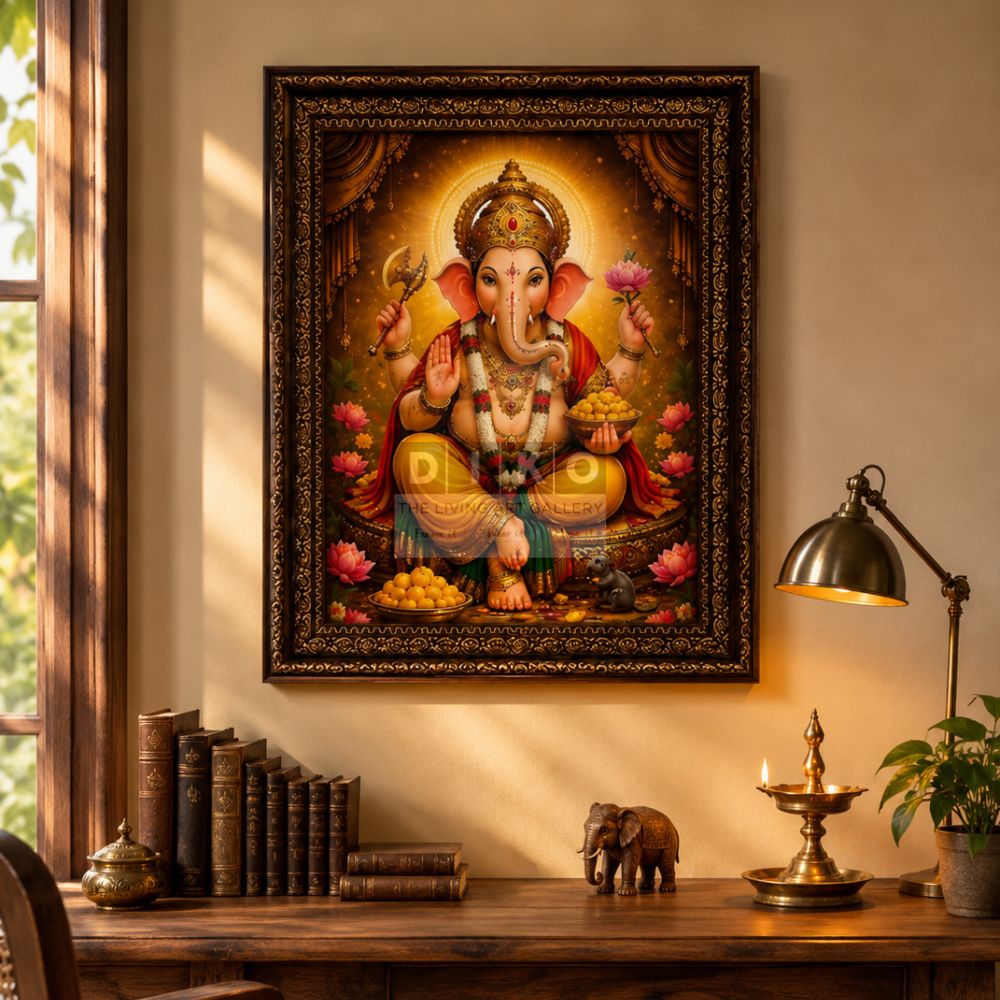 Lord Ganesha Framed Wall Art – Premium Spiritual Pooja Room & Home Temple Décor