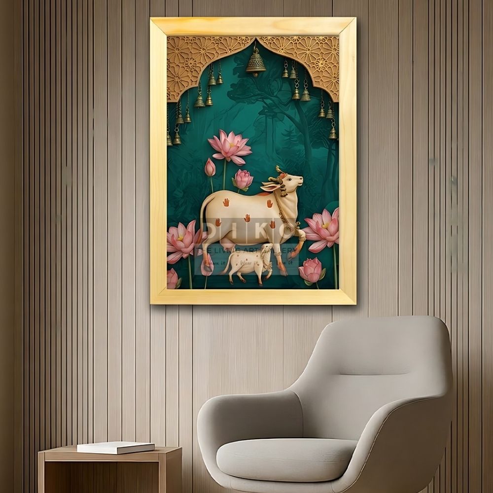 Sacred Kamadhenu Wall Art Frame – Traditional Divine Cow Artwork with Lotus Design