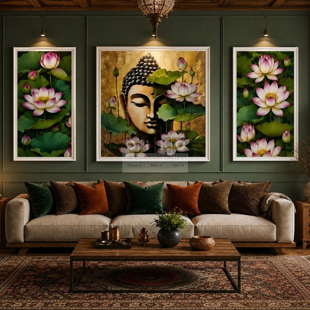 Buddha Lotus Wall Art Frame Set – Premium Spiritual Canvas Painting for Living Room Decor