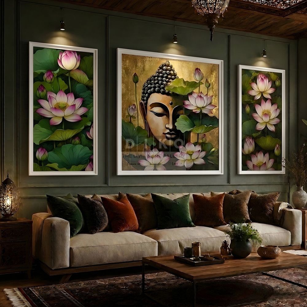 Buddha Lotus Wall Art Frame Set – Premium Spiritual Canvas Painting for Living Room Decor