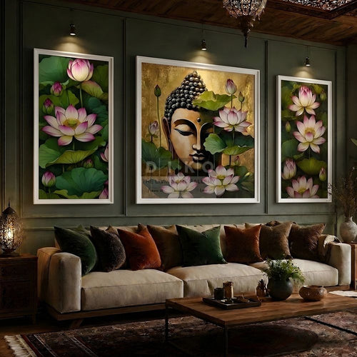 Buddha Lotus Wall Art Frame Set – Premium Spiritual Canvas Painting for Living Room Decor