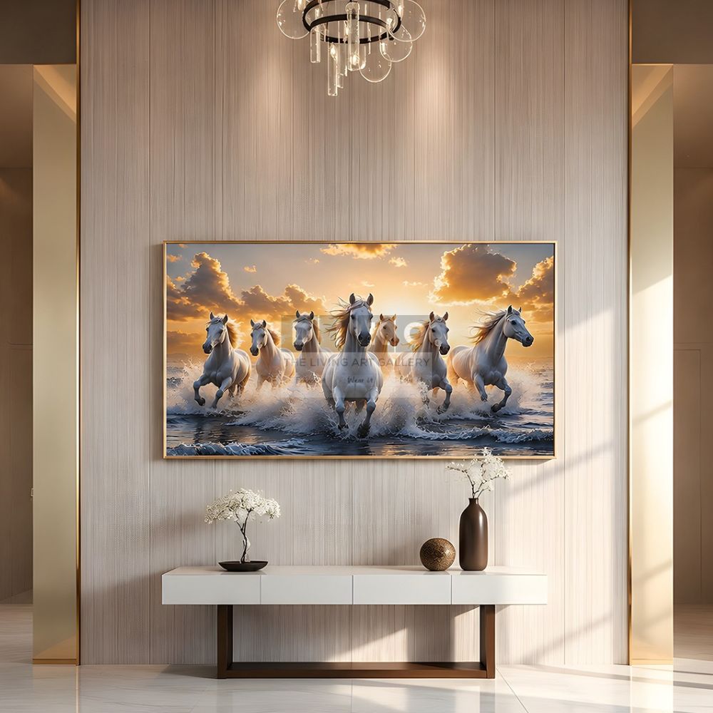 Running White Horses Wall Art – Luxury Canvas Painting for Modern Living Room Decor