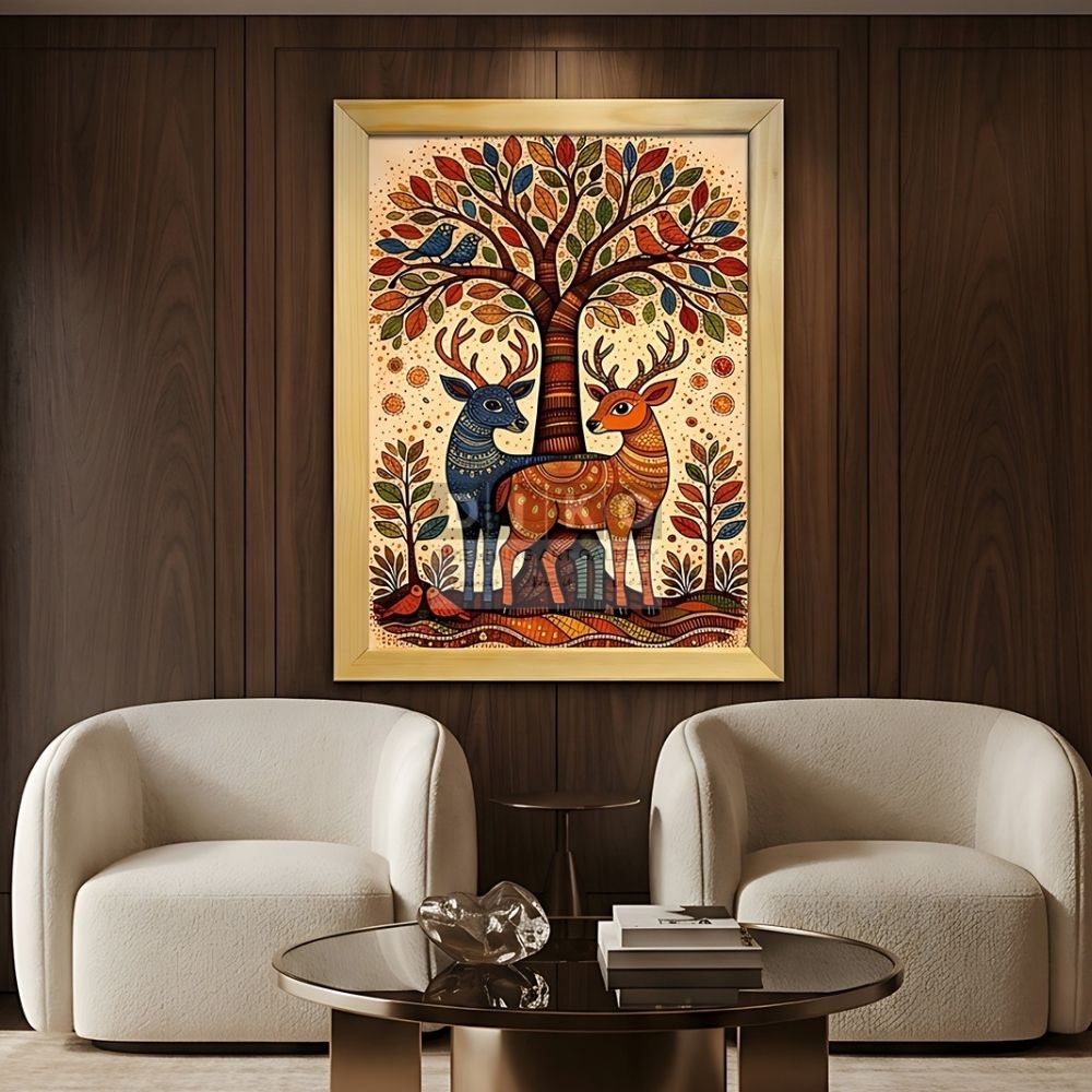 Folk Art Deer & Tree Wall Frame – Colorful Nature-Inspired Decorative Artwork