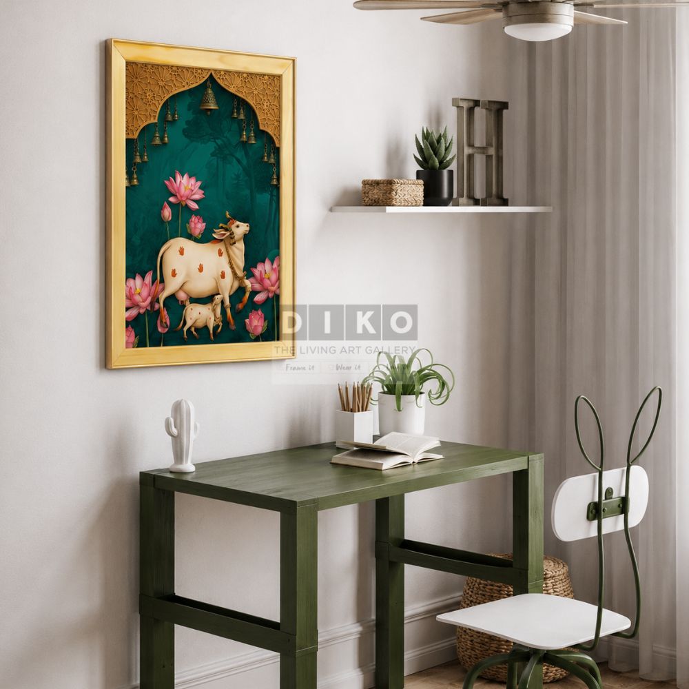 Sacred Kamadhenu Wall Art Frame – Traditional Divine Cow Artwork with Lotus Design