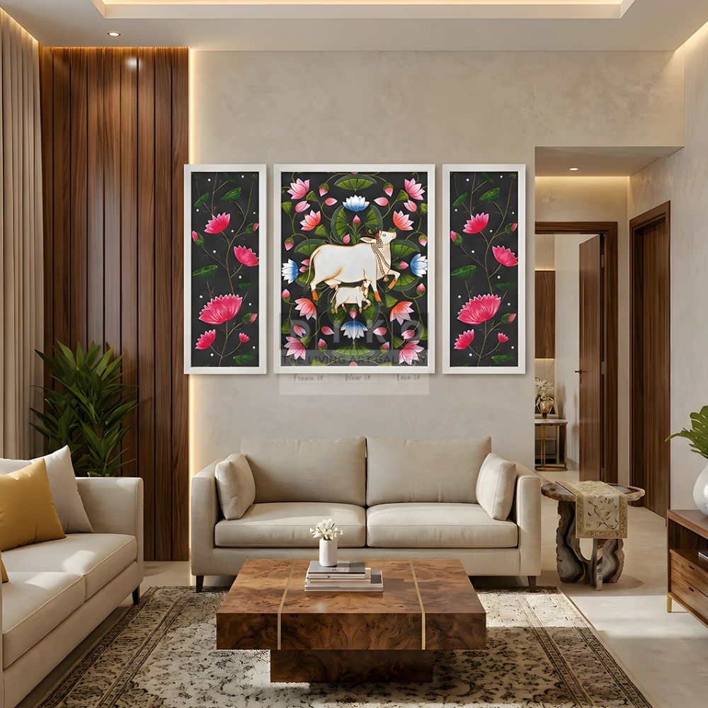 Sacred Cow & Lotus Floral Wooden Wall Art Panel Set – Traditional Indian Decorative Frame Trio