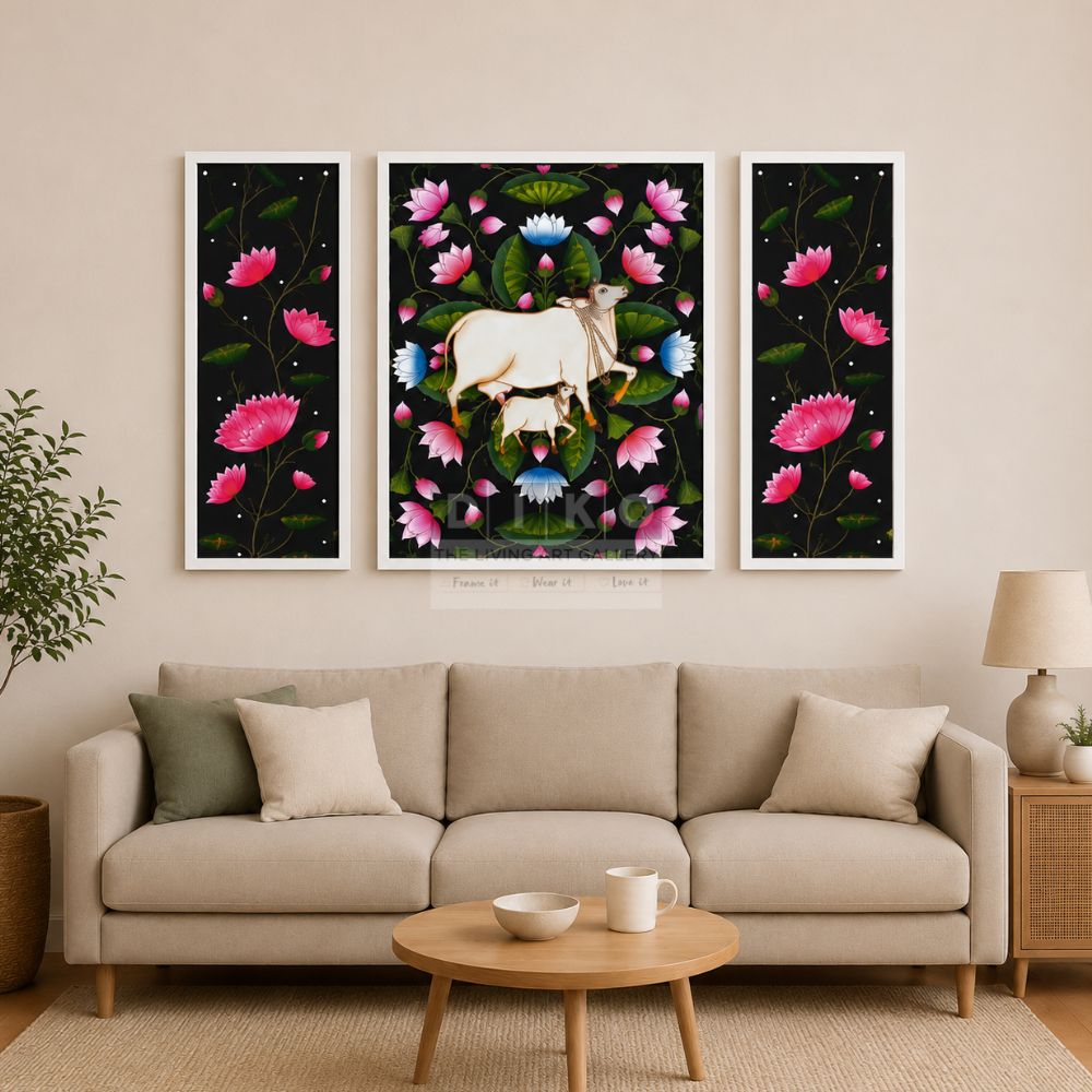Sacred Cow & Lotus Floral Wooden Wall Art Panel Set – Traditional Indian Decorative Frame Trio
