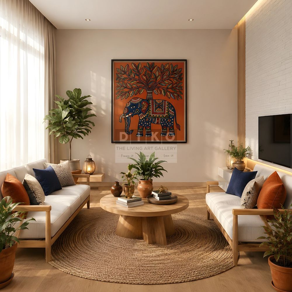 Handcrafted Elephant Tree Art Frame – Traditional Folk Wall Decor for Living Room & Office