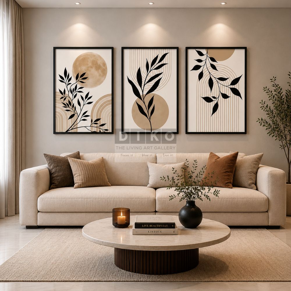 Elegant Abstract Botanical Wall Art Set – Modern Beige & Black Framed Prints for Luxury Interiors (3Pcs Pack)
