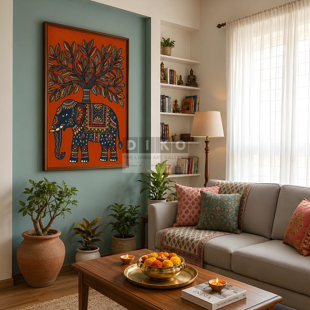 Handcrafted Elephant Tree Art Frame – Traditional Folk Wall Decor for Living Room & Office