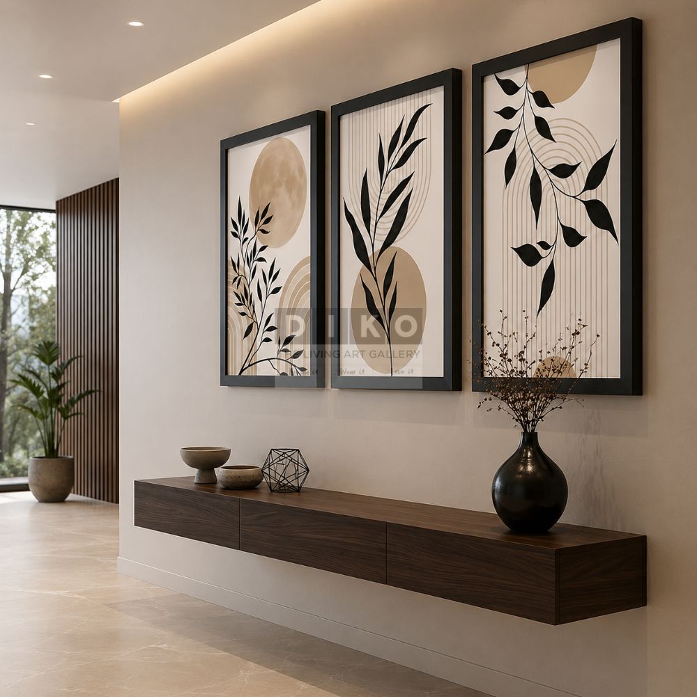 Elegant Abstract Botanical Wall Art Set – Modern Beige & Black Framed Prints for Luxury Interiors (3Pcs Pack)