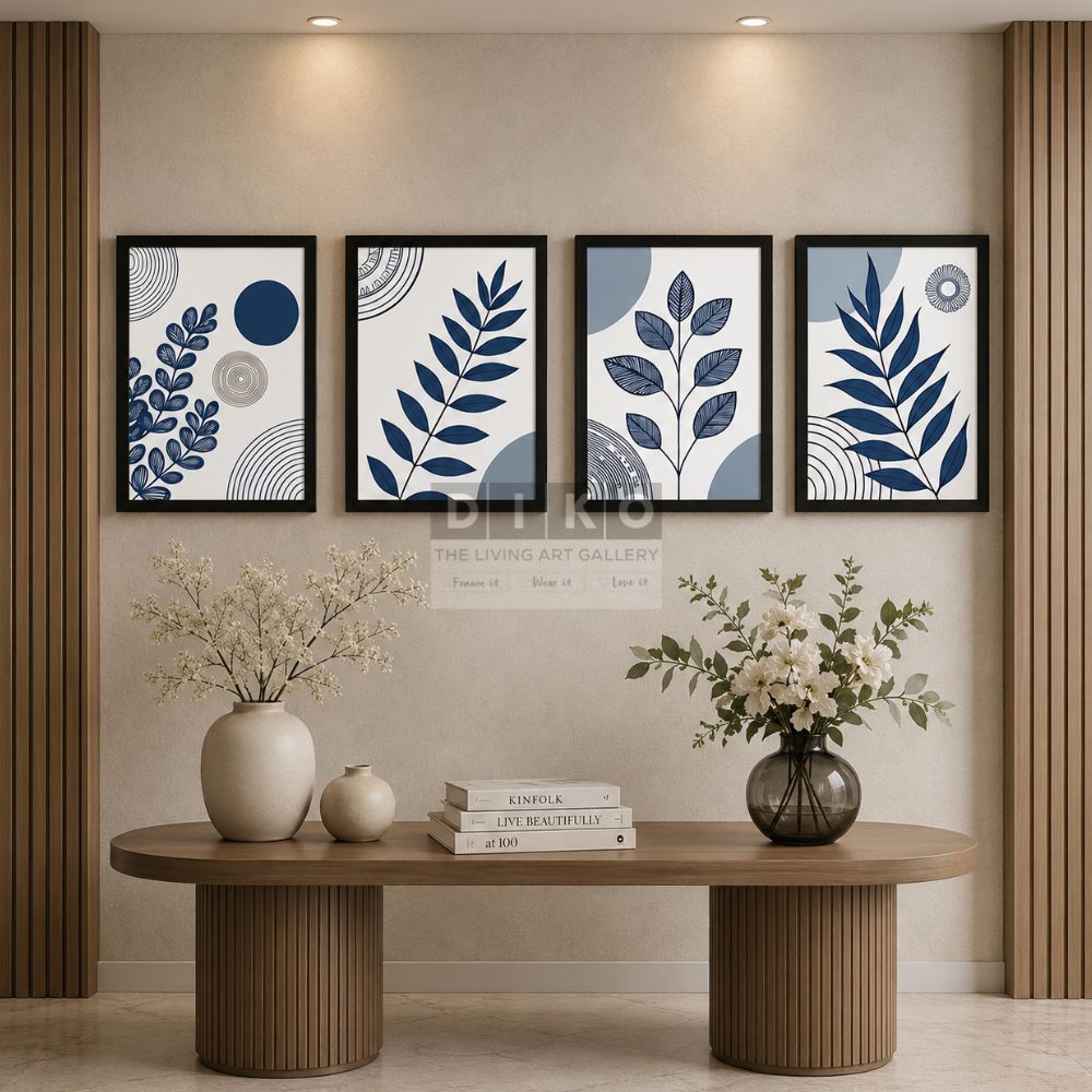 Modern Botanical Wall Art Set – Minimal Blue Leaf Frames for Elegant Living Room Decor - 4 Pcs Pack