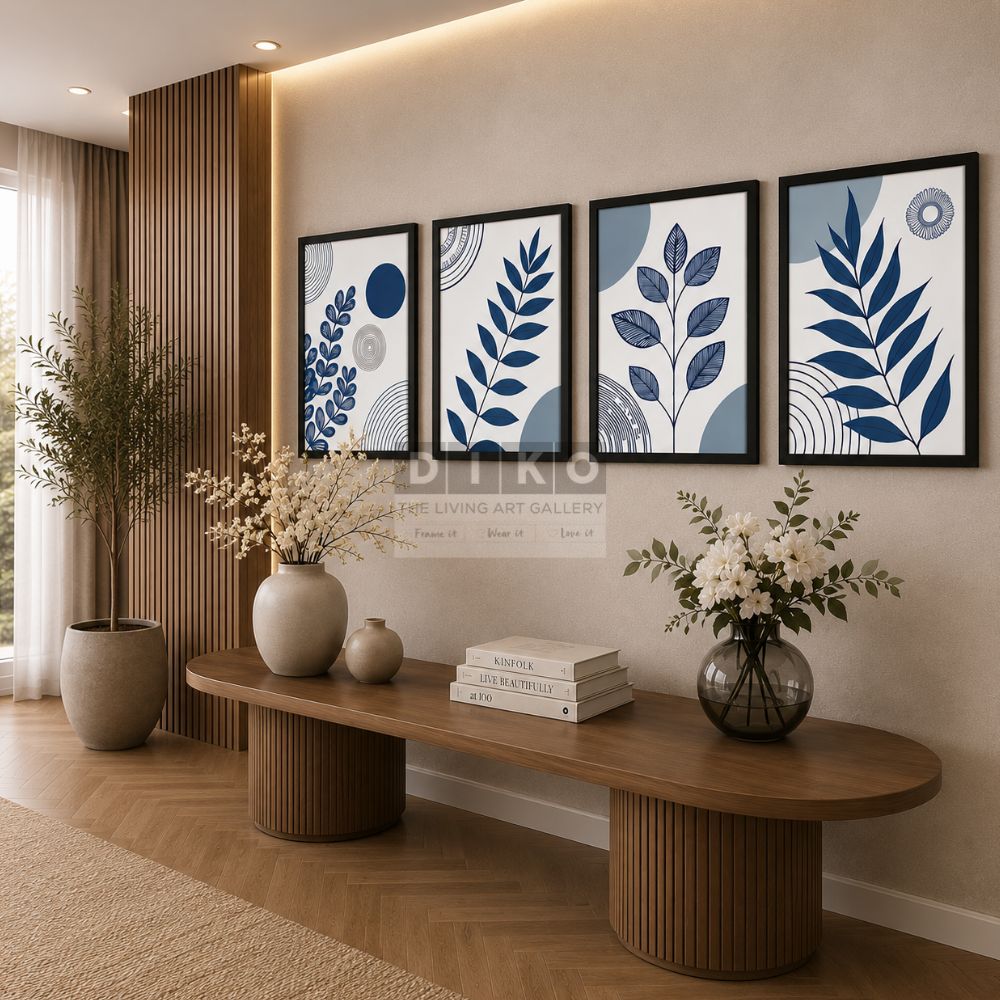 Modern Botanical Wall Art Set – Minimal Blue Leaf Frames for Elegant Living Room Decor - 4 Pcs Pack