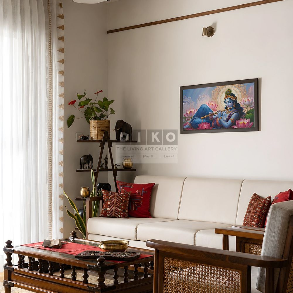 Divine Krishna Wall Art Frame – Spiritual Lotus Flute Painting for Elegant Living Room Decor