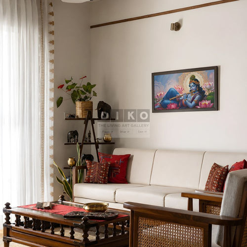 Divine Krishna Wall Art Frame – Spiritual Lotus Flute Painting for Elegant Living Room Decor