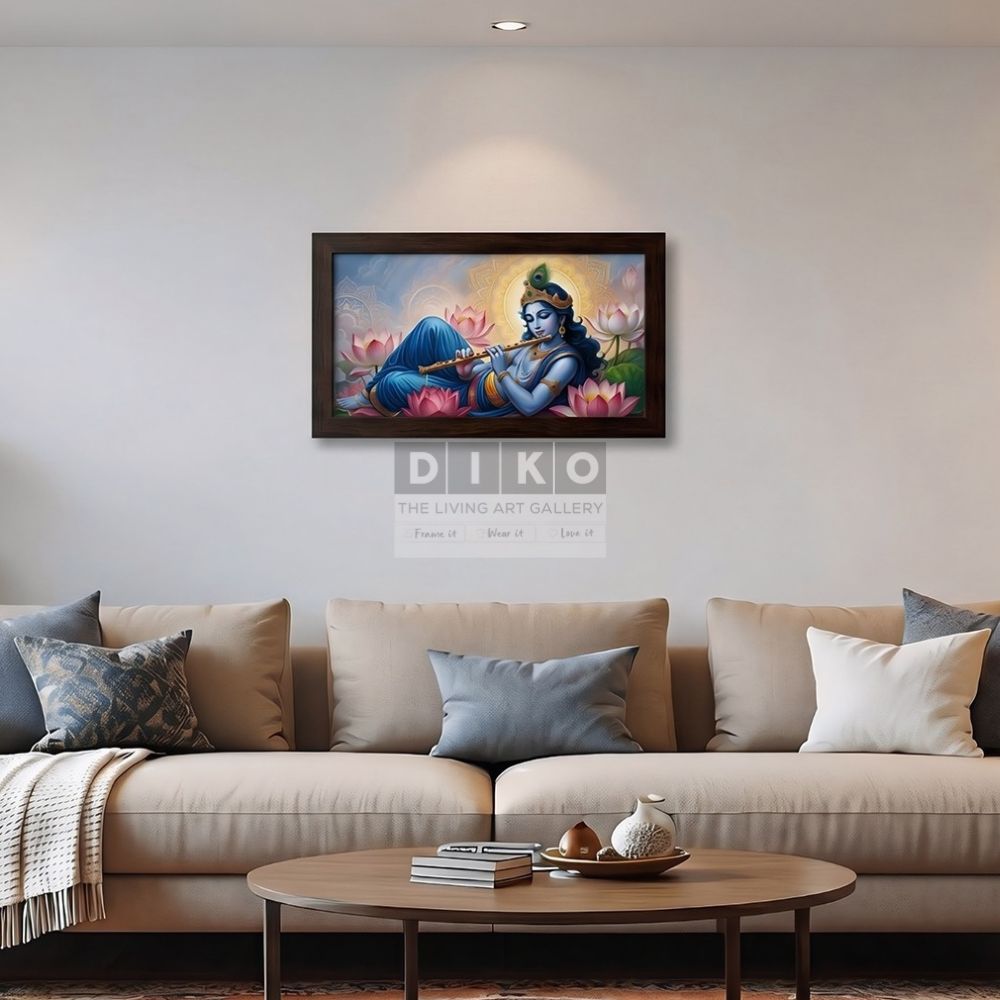 Divine Krishna Wall Art Frame – Spiritual Lotus Flute Painting for Elegant Living Room Decor